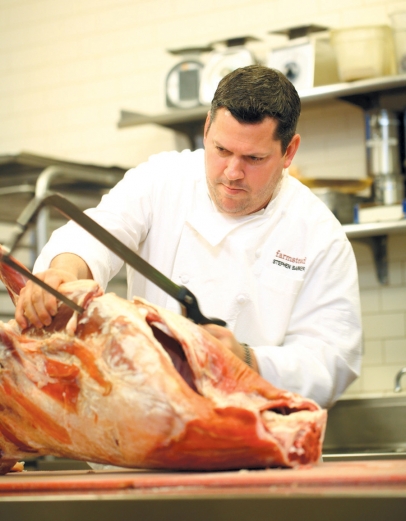 Chef Stephen Barber at Farmstead at Long Meadow Ranch in St. Helena, butchering meat