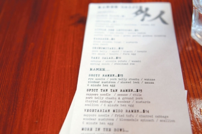 The menu at Ramen Gaijin