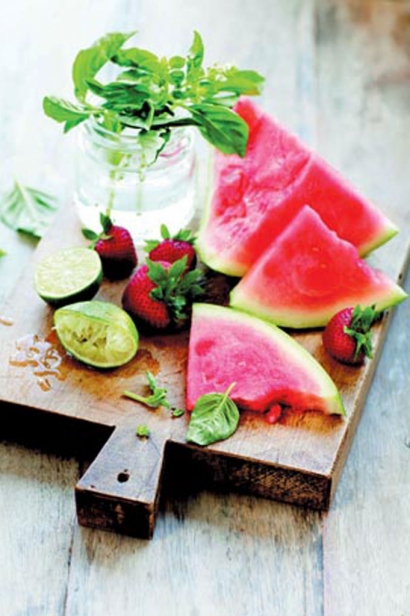 Strawberry-watermelon salad with basil-cayenne syrup