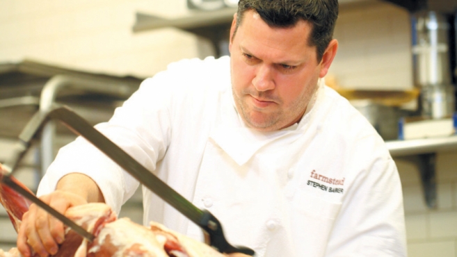 Chef Stephen Barber at Farmstead at Long Meadow Ranch in St. Helena, butchering meat