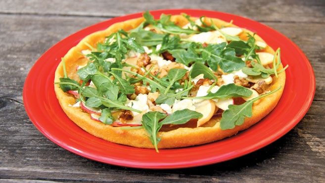 Gravenstein Apple and Chevre Pizza with Toasted Walnuts and Prosciutto