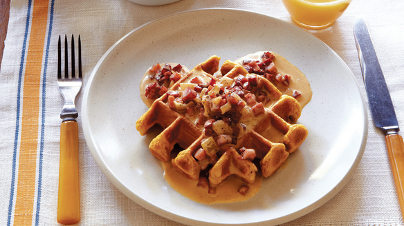 Bourbon, Stout and Sweet Potato Waffles with Ham and Maple Sauce