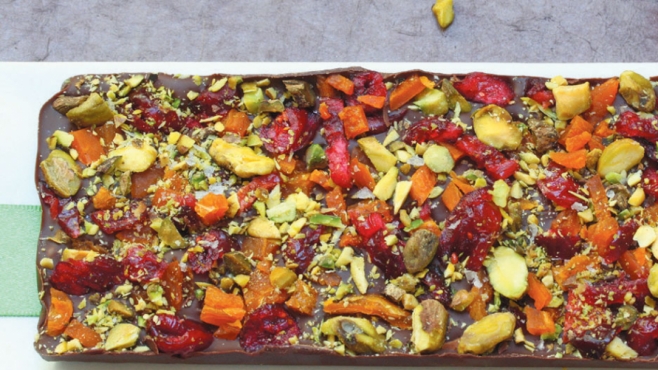 Salted Dark Chocolate and Cinnamon Bars with Apricots, Cranberries and Pistachios