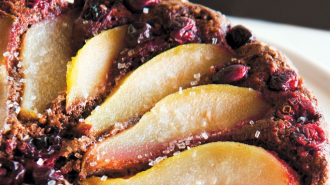 Gluten-Free Chocolate and Almond Cake with Poached Pears and Fresh Cranberries