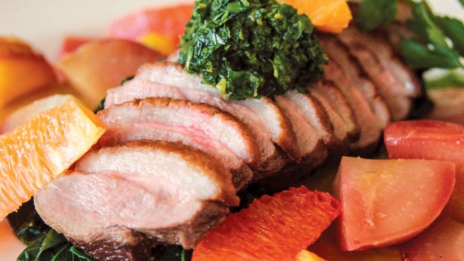 Pan-Seared Liberty Duck Breast with Duet of Roasted Beets, Lacinato Kale and Cara Cara Blood Orange Salsa Verde