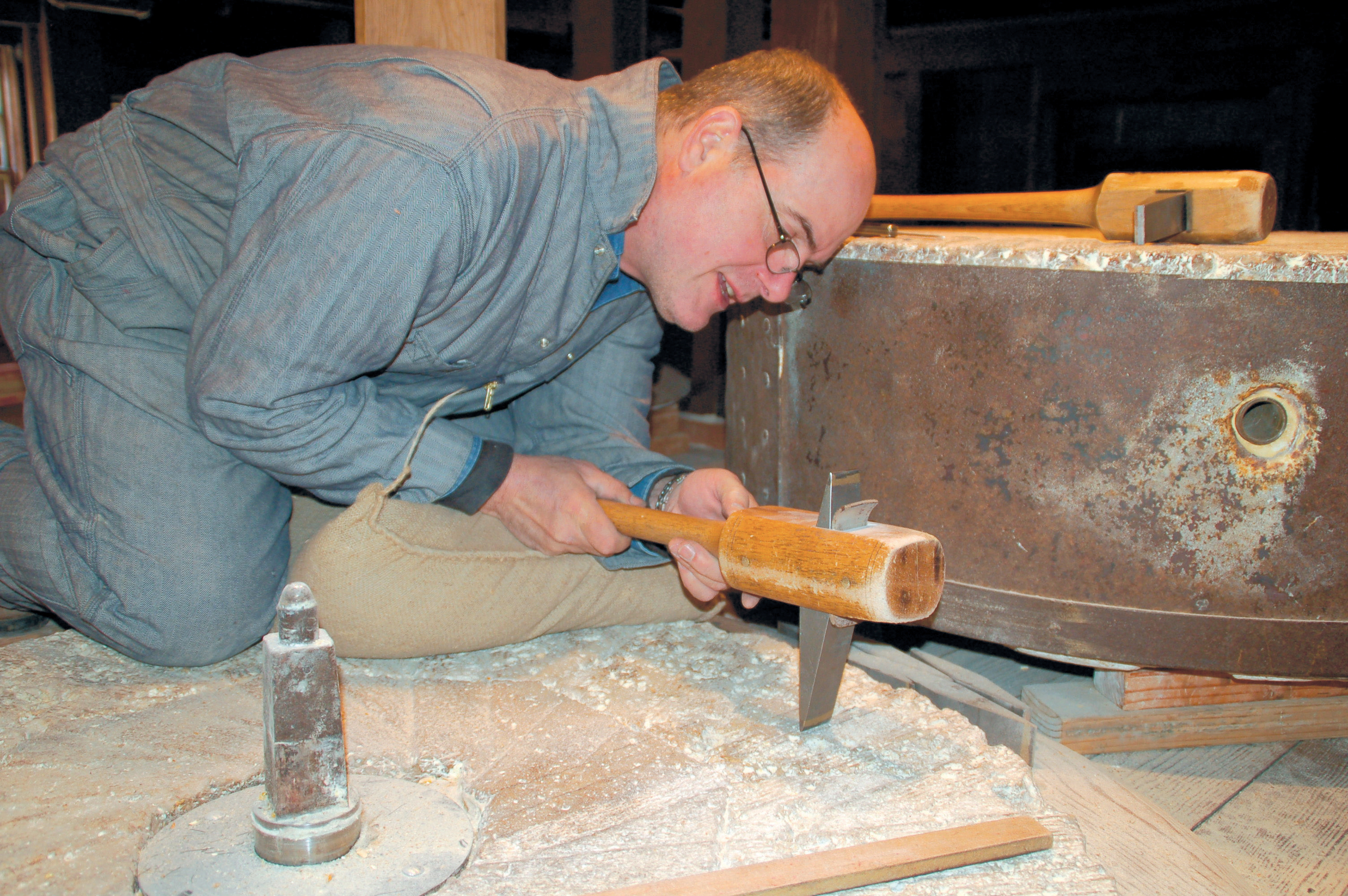 Rob Grassi dressing mill stones at Napa's Bale Grist Mill