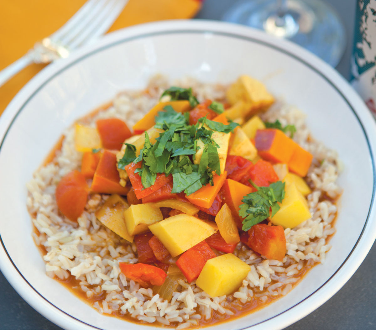 Winter Squash and Potato Curry Over Brown Rice