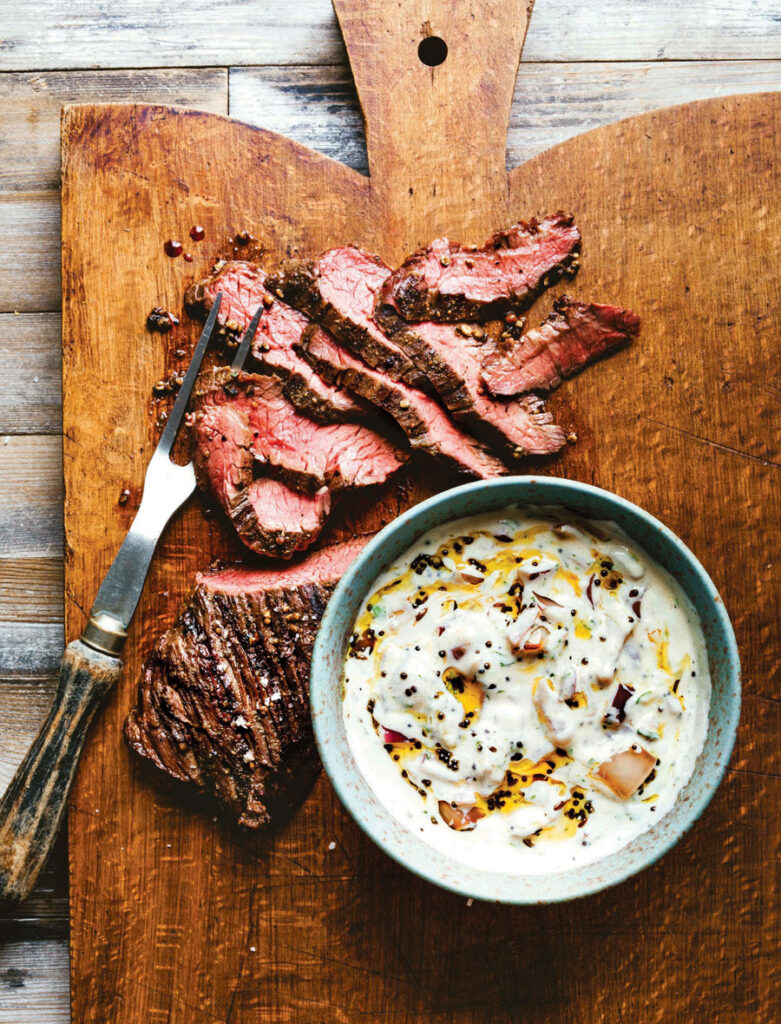 Grilled Hanger Steak with Grilled Red Onion Raita
