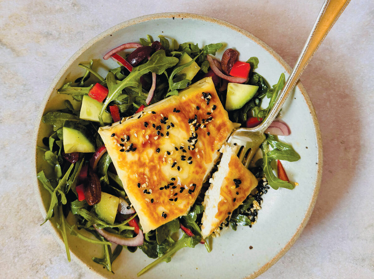 Sonoma-Style Lesvos Salad with Filo-Wrapped Feta and Sesame Honey Gastrique