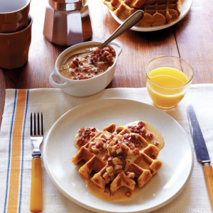 Bourbon, Stout and Sweet Potato Waffles with Ham and Maple Sauce