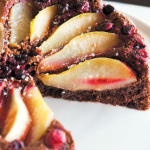 Gluten-Free Chocolate and Almond Cake with Poached Pears and Fresh Cranberries